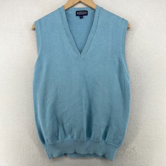 LANDS END Sweater Vest Men L V-Neck Grandpa Pullover Ribbed Trim Cotton Blue USA - Picture 1 of 11